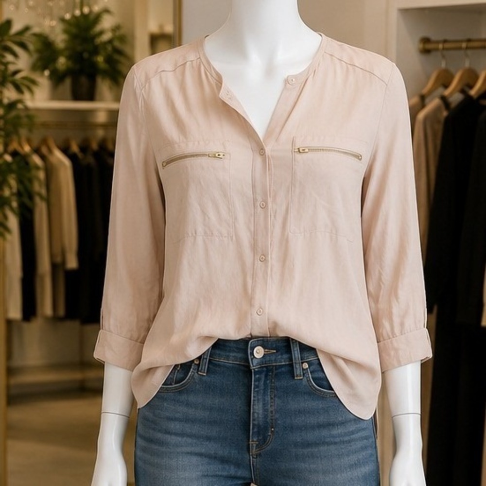Theory Womens Blouse Blush Pink Gold Zipper Pocket Silk Blend Petite